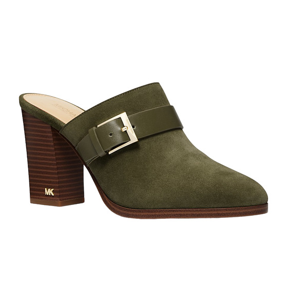 Michael Kors Kara Mule Buckled Suede Leather Clog Heel Shoe Olive 8 Nib $195 - Picture 1 of 3